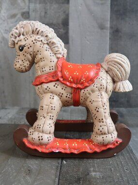 Softee Ceramic Rocking Horse Handpainted Quilted Brown & Red Vintage
